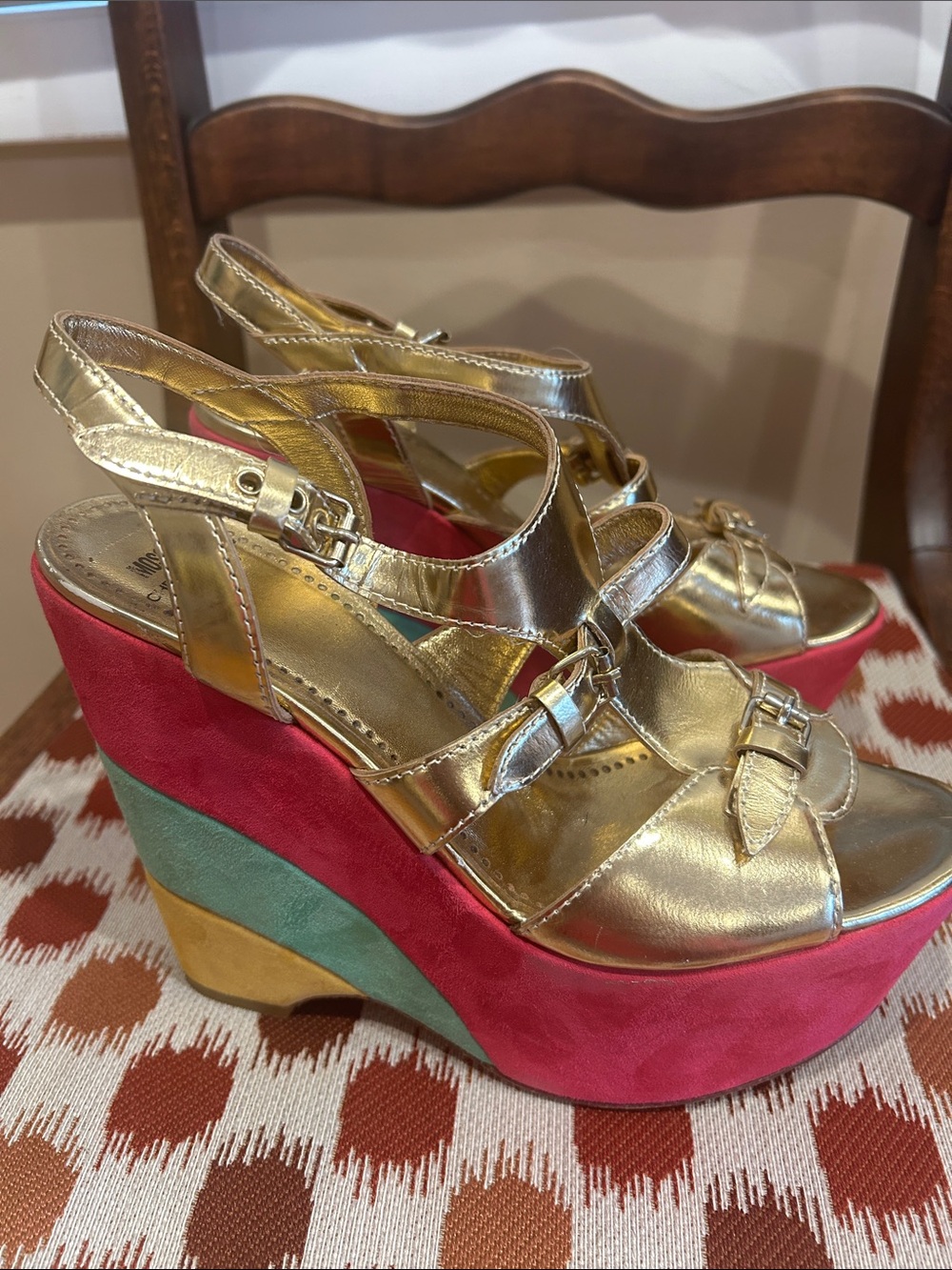 Moschino Cheap And Chic Gold Metallic Colorblock Platform Wedge Sandals Sz 8